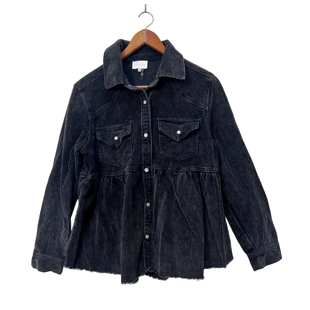 Entro Black Corduroy Peplum Shacket Shirt Jacket Womens Small Pearl Snap